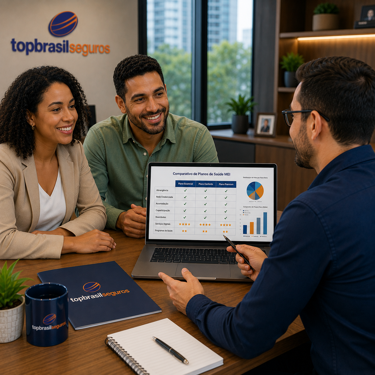 Consultor explicando para um casal de clientes como escolher o melhor plano de saúde mei