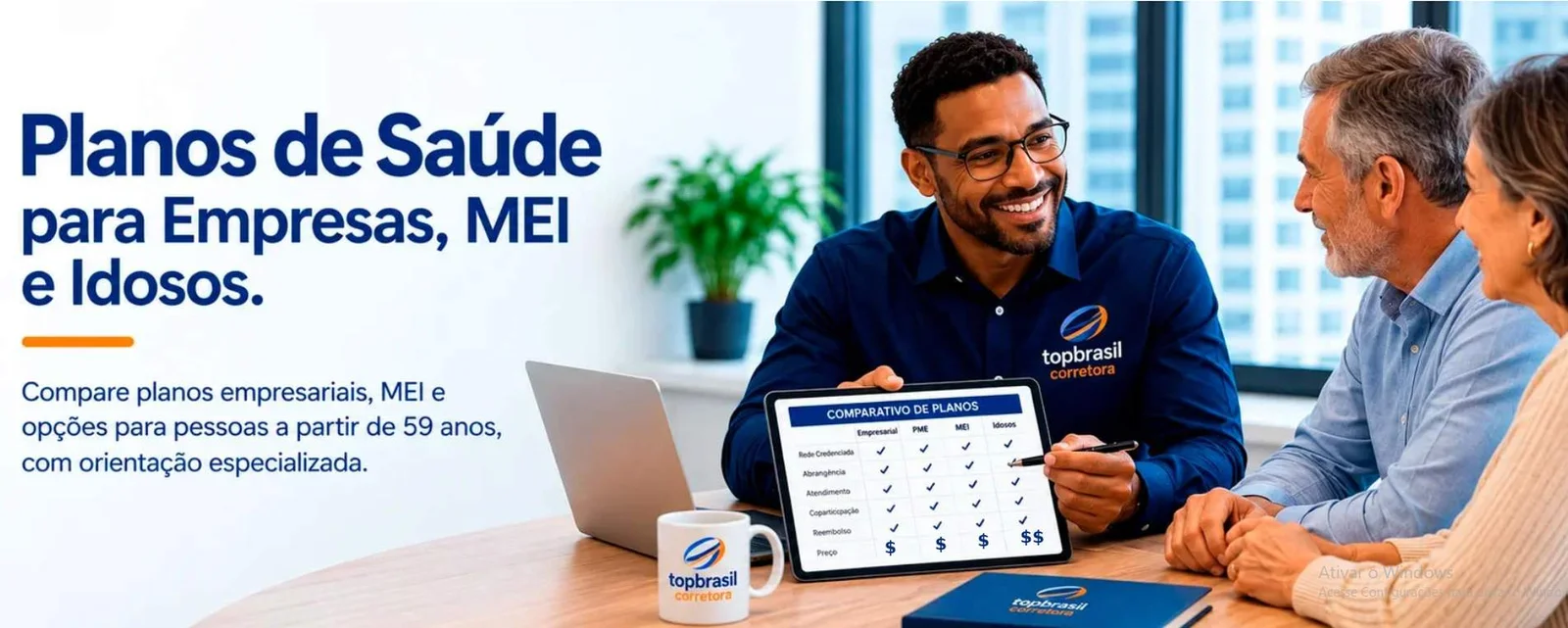 Consultor da Top Brasil Corretora apresenta comparativo de planos de saúde para empresas, MEI e Idosos.