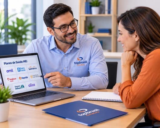 Consultor da Top Brasil Corretora apresentando opções de plano de saúde MEI para uma cliente durante atendimento personalizado.