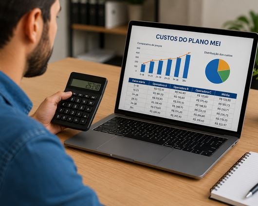 Microempreendedor utiliza calculadora e notebook para comparar custos de planos de saúde MEI