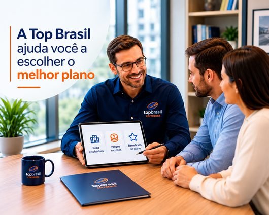 Consultor da Top Brasil Corretora orientando clientes na comparação de planos de saúde, redes, coberturas e preços